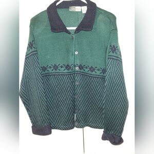 Vintage Lucia Green And Navy Blue Collared Grandma Sweater Size PL